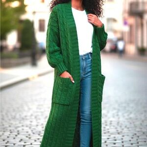 Green Cable Knit Long Cardigan Sweater